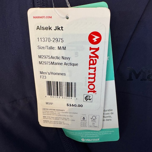 Marmot NWT Alsek Jacket Mens M Navy Water Repellent Breathable Softshell - Picture 4 of 9